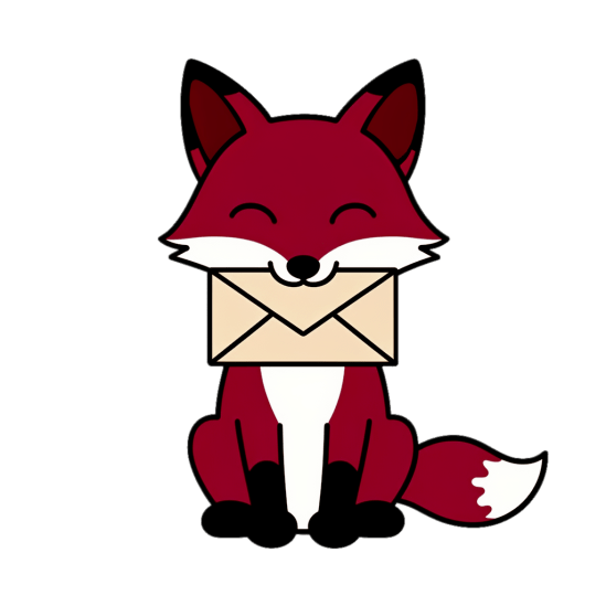 A smiling red fox holding an envelope in her mouth.